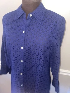 Susan Graver Navy Blue Eyelet Button Front Shirt Drawstring Tie Backside NWT S - Picture 1 of 6