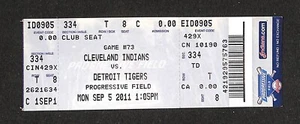 SEPTEMBER 5, 2011  DETROIT TIGERS @  CLEVELAND INDIANS FULL TICKET - Picture 1 of 2