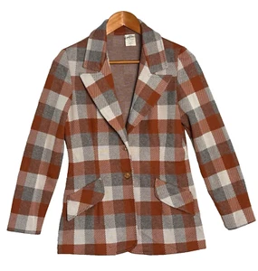 Vintage 70s Plaid Blazer Jacket WMs M Polyester Knit Rust Gray - Picture 1 of 12