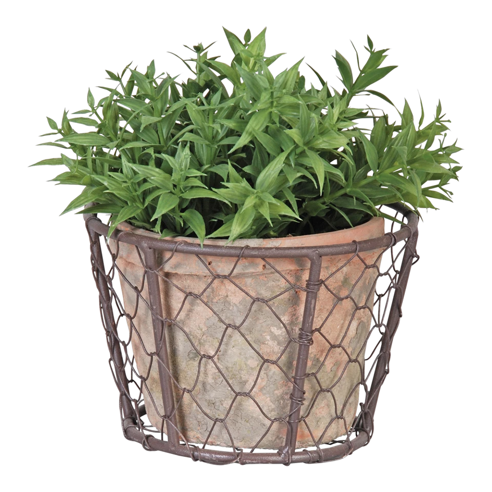 Aged Terracotta Flower Pot with Wire Basket Standing Garden Planter Pottery  - Image 1 of 1