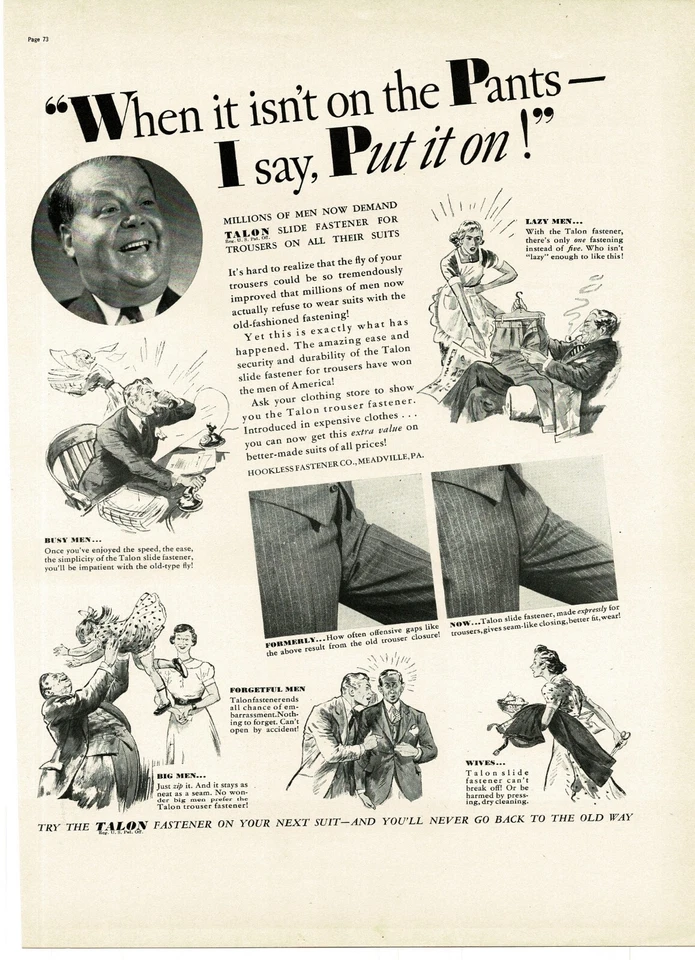 1937 Talon Slide Fastener Button Men's Pants comic art Vintage Print Ad 5 - Image 1 of 1