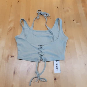 Cider Women's Large Solid Mint Green Lace Up Rib Knit Crop Cami Top NWT - Picture 1 of 9