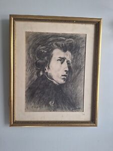 Dessin ancien signé Chopin portrait homme tableau encadré Antique framed drawing