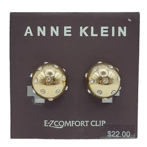 ANNE KLEIN Gold Tone Dome Ball Style with Rhinestone Clip EZ Comfort Earrings - Picture 1 of 7