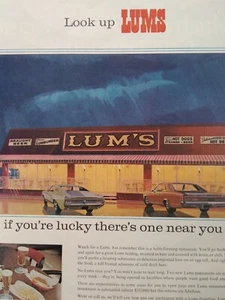 Lums Restaurants Print Ad Original Vtg 1960s Hot Dog Lumburger Cars Birds Eye - Picture 1 of 10