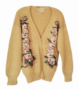 Handknit Peru Womens Cardigan Granny Embroidered S Alpaca Wool Beige Cottagecore - Picture 1 of 11