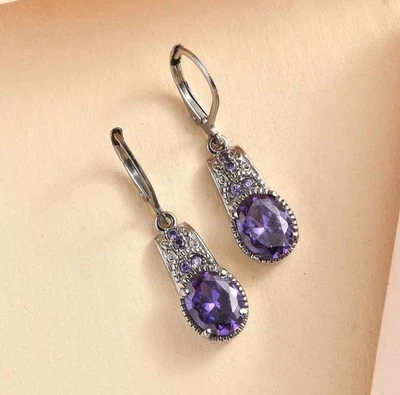 Simulated Blue D iamond 6.90 ctw Lever Back Earrings in Stainless Steel(Purple) - Image 1 of 4
