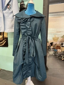 Samuel Dong Size Small Blue Ruffle Iconic Zip Up Dress Coat - Picture 1 of 14
