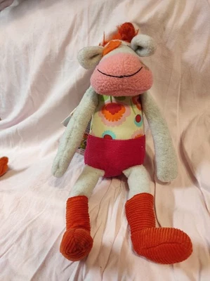DOUDOU VACHE avec un hochet  dans le corp  gris et rose hauteur 27 cm - Photo 1/2