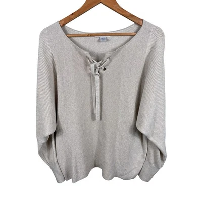 Tommy Bahama Women's Sweater Size XL Cream Shimmer Knit Tie Front Pullover Top - Imagem 1 de 4