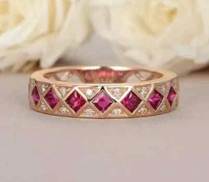 2Ct Princess Cut Lab Created Ruby Art Deco Vintage Ring 14K Yellow Gold Plated - Picture 1 of 7