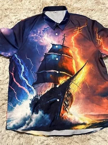 Men’s Causal Button Up Shirt Pirate Ship Multicolor XL - Picture 1 of 1