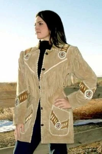 Women Beige American Native Western Cowboy Suede Leather Jacket Fringe & Beaded  - Picture 1 of 4