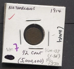 1914-Netherlands-1/2 Cent- VF - Picture 1 of 2