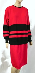 Vintage 80s Retro Segue Red Sweater Skirt Set Dress Oversized Red Stripe M L - Picture 1 of 12