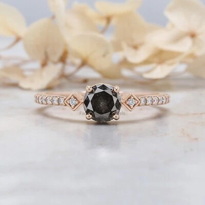 Anel de presente de noivado de ouro rosa 14K redondo de diamante sal e pimenta 0,83 quilates - Imagem 1 de 4