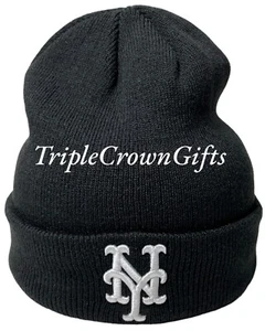 MLB New York Mets ('47 Brand) Beanie Raised Cuff Knit Hat Black - Picture 1 of 3