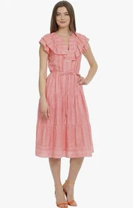 Maggy London Women's V-Neck Tiered Skirt Dress with Tie and Ruffle Details SZ 10 - Picture 1 of 18