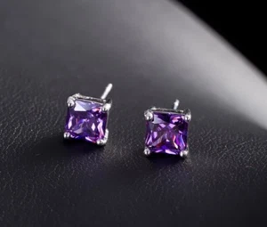 4/5/6/7/8mm Men Women Silver Tone Stud Square Cubic Zirconia Earrings PE23 - Picture 1 of 41