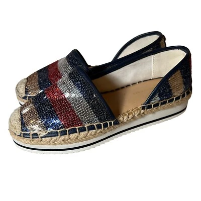 Tommy Hilfiger Red Blue Carlisse alpargatas rasas lantejoulas plataforma robusta 5M - Imagem 1 de 4