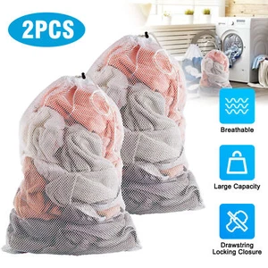 2Pcs Heavy Duty Laundry Bag Large Mesh Wash Clothes With Drawstring Top Closure - Picture 1 of 9