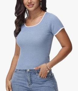 Damen-T-Shirt quadratischer Ausschnitt Farbblock gerippt Strick Kurzarm XL - Bild 1 von 3