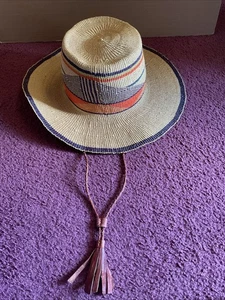 Hand Made Straw Hat West African Bolga Braided Leather Chin Strap w Tassel Large - Picture 1 of 6