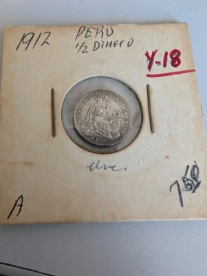 PERU-1912 1/2 DINERO- SEATED LIBERTY - LIMA MINT- .900 SILVER- KM#206  KTK2 - Image 1 of 2