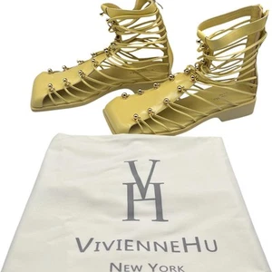Vivienne Hu Studded Patent Leather Strappy Gladiator Sandals Lemon Yellow Sz 10 - Picture 1 of 11