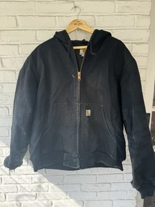 Vtg Carhartt Work Coat Black 14806 Hooded Zip Men’s Heavy Jacket L -Distressed - Picture 1 of 15