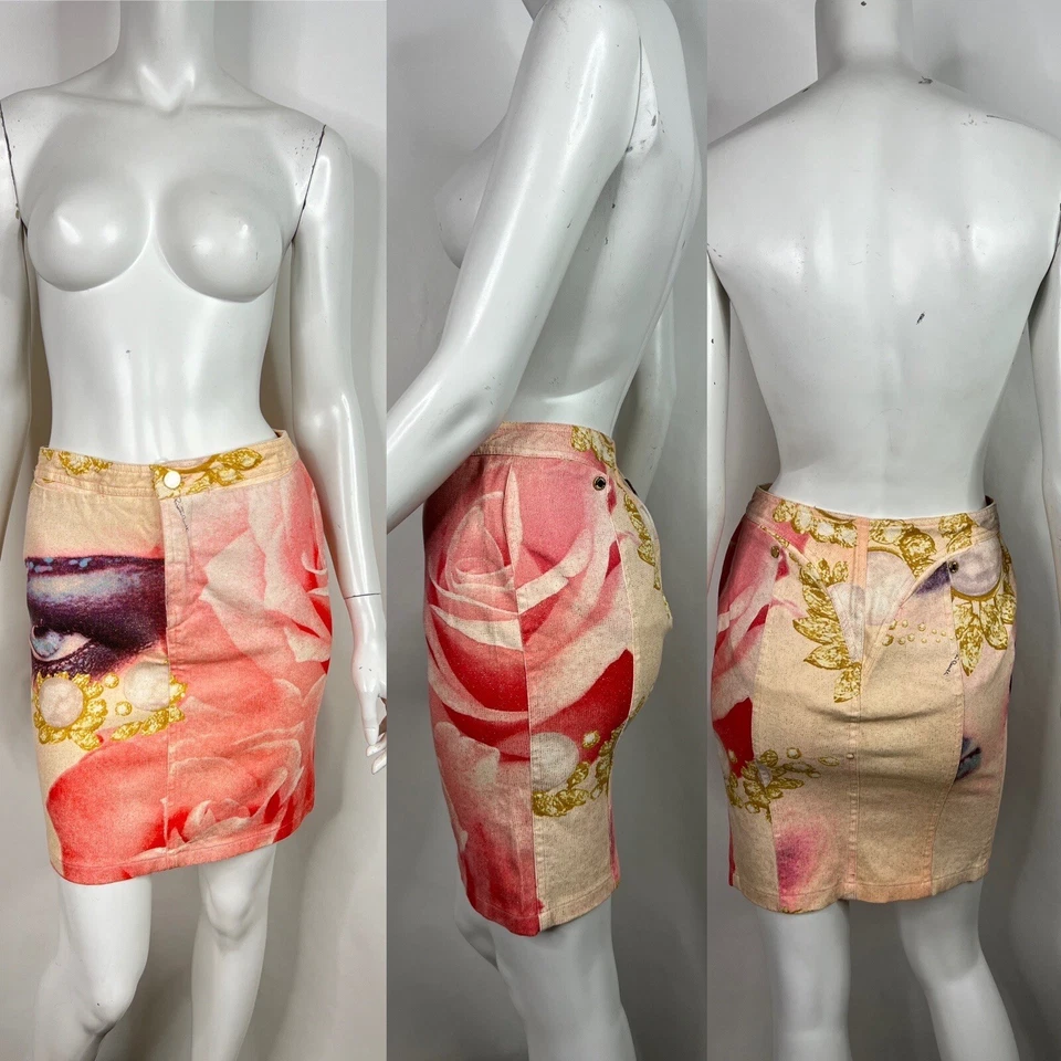 Saia vintage ROBERTO CAVALL ROSA COM ESTAMPA DE OLHOS ESPÁTULA XS - Imagem 1 de 4