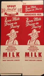 1950 Large Drive-in Dairy Waxed Milk Carton Old Farmer on Front "NEW OLD STOCK" - Picture 1 of 2