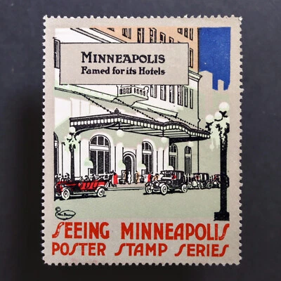 Poster Stamp * USA * 1915 Seeing Minneapolis Hotels Automobiles - Image 1 of 2