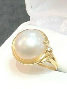 LARGE SOLID GOLD PAVE PEARL RING WITH DIAMOND ESTATE JEWELRY SZ 6.5 sizeable - Picture 1 of 5