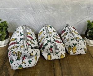 Indian White Fish Cotton Quilted Toiletry Purse Cosmetic Storage Bag Of 3 Pc AU - Picture 1 of 9