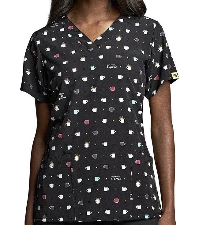 NWT WonderWink Women’s Scrub Top Vneck Rise & Shine Coffee Black Large - Image 1 of 1