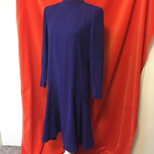 Pauline Trigere vintage 80s trumpet hem long sleeve wool dress purple size m - Picture 1 of 9
