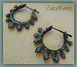 Horn Earring Tribal Dangle Unique Carved Fake Gauge Post Buffalo Exotic Handmade - Picture 1 of 4