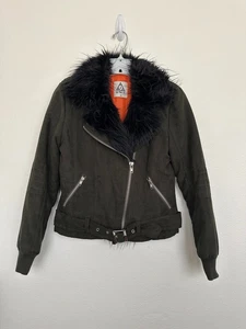 UNIF Berlin Fur Trim Bomber Jacket Suede Green Zipper Orange Lined Women's Sz XS - Picture 1 of 9