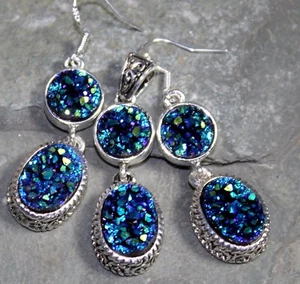 SILVER Elegant Blue Green Rainbow Titanium Druzy Pendant & Earrings Set WP10808 - Picture 1 of 1