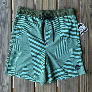 NWT Neff Elastic Waist Drawstring Green Stripe 6" Inseam Swim Shorts Men's M - Picture 1 of 13