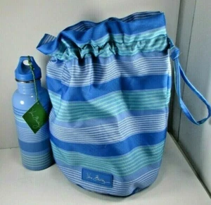 VERA BRADLEY Blue Stripe Drawstring Lined Lunch Tote Bag & Matching Water Bottle - Picture 1 of 6