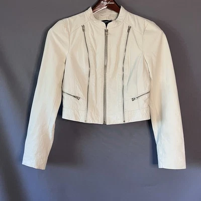 Jaqueta de Moto BEBE Vintage Y2K 100% Couro Cropped Branco Creme Médio - Imagem 1 de 4