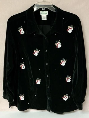 Camisa de terciopelo negra con muñecos de nieve y pedrería Quacker Factory para mujer 2X Foto 1 de 4