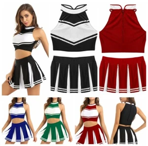 Women's Schoolgirls Musical Cheerleading Uniform Crop Top with Pleated Skirts - Picture 1 of 56