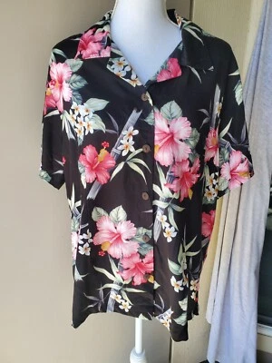 Camisa con botones Aloha Hut Hawaii para mujer XL negra rosa floral tropical hawaiana Foto 1 de 4