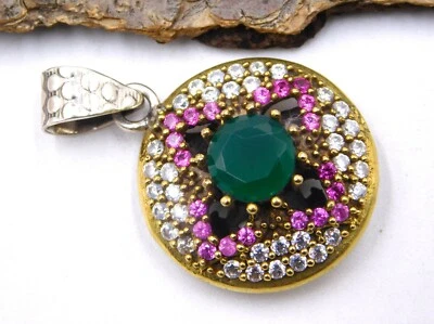 7Gm 925 Argento Sterling Sintetico Smeraldo Taglio Gemma Bicolore Ciondolo 1.3 " - Immagine 1 di 4