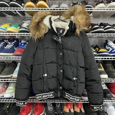 Vintage Y2K Rocawear Puffer Jacket Winter Fur Hood Black Womens Size Small - Image 1 of 4