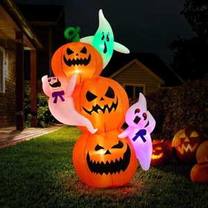 6FT Halloween Inflatable Pumpkin Stack & Ghost Outdoor Lighted Blow Up Yard Deco - Picture 1 of 8