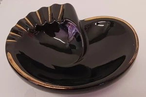 Vintage Shell Shaped Ceramic Ashtray Black and Gold - Picture 1 of 9